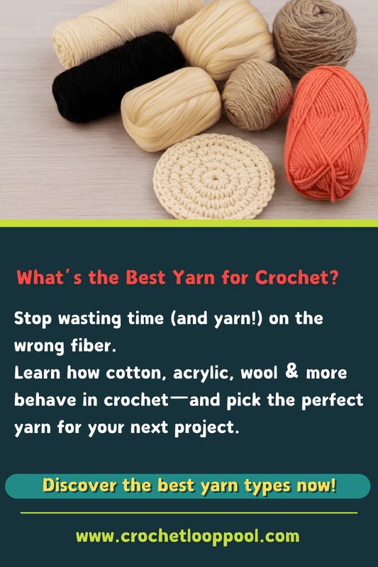 Promotional graphic showing yarn types for crochet and a call to read a guide on cotton, acrylic, and wool fibers