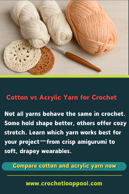 Promotional graphic comparing cotton and acrylic yarn for crochet projects, featuring yarn skeins, coasters, and a call-to-action to learn which yarn is best for amigurumi, wearables, and home items.