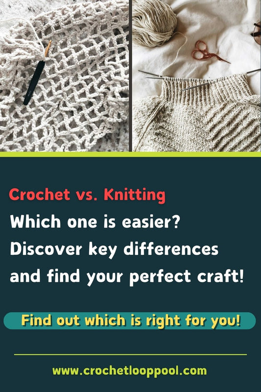 Promotional graphic comparing crochet and knitting with text asking which craft is easier, featuring images of a crochet mesh and a knitted sweater in progress.
